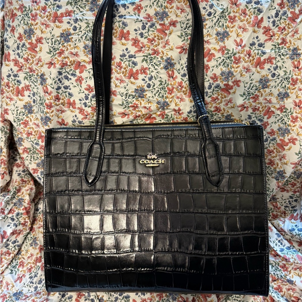 Coach Black Leather Tote with Croc Embossing